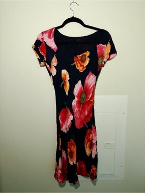 Vintage 90s Black Floral Fit-and-Flare Dress with Pink & Orange Poppies